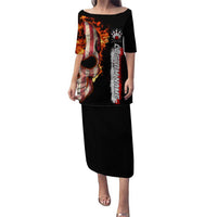 American Flag Skull Design Puletasi with Bowling Elements and Fire Background with Custom Team Name Text - Wonder Print Shop