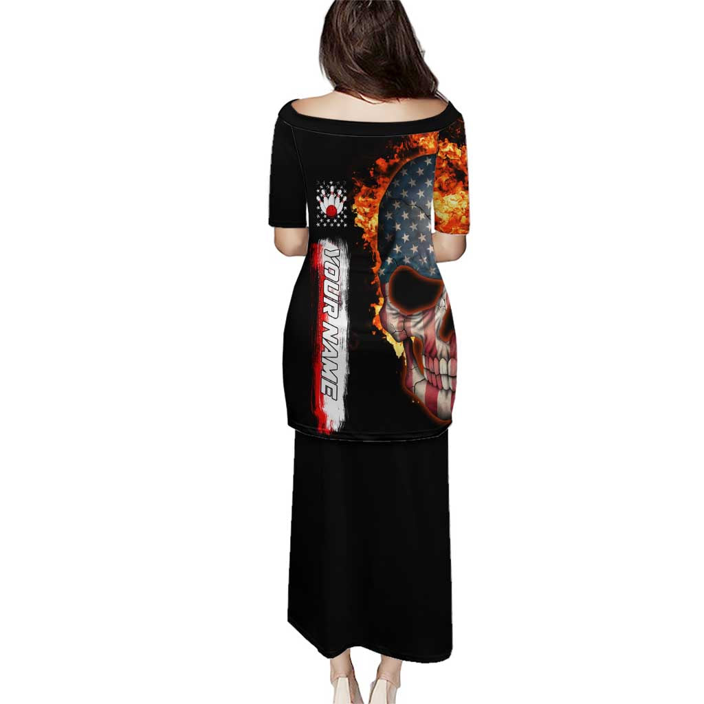 American Flag Skull Design Puletasi with Bowling Elements and Fire Background with Custom Team Name Text - Wonder Print Shop