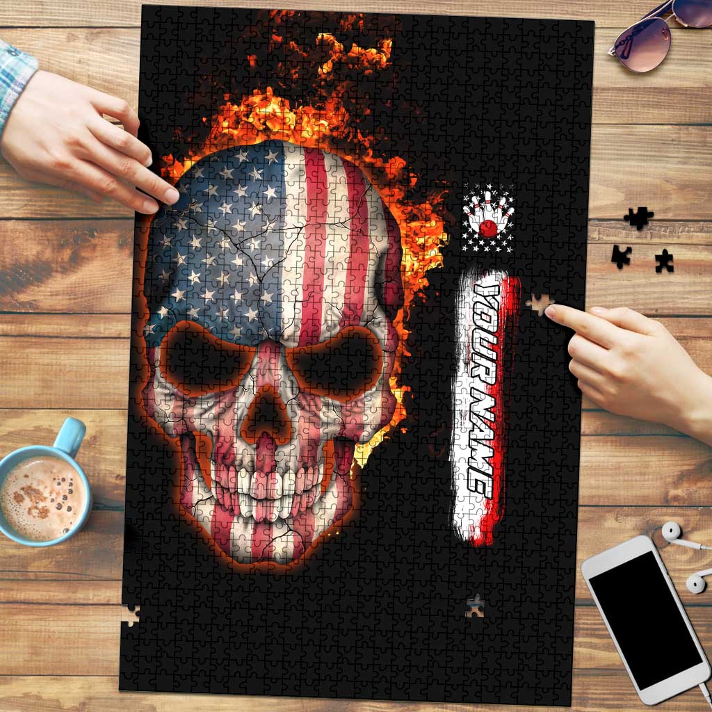 American Flag Skull Design Puzzle with Bowling Elements and Fire Background with Custom Team Name Text - Wonder Print Shop