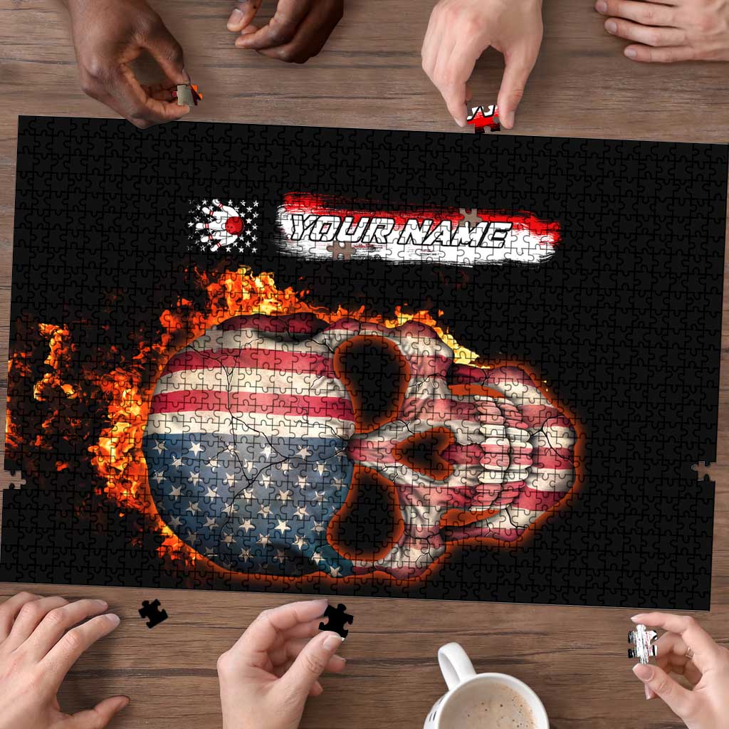 American Flag Skull Design Puzzle with Bowling Elements and Fire Background with Custom Team Name Text - Wonder Print Shop