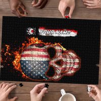 American Flag Skull Design Puzzle with Bowling Elements and Fire Background with Custom Team Name Text - Wonder Print Shop