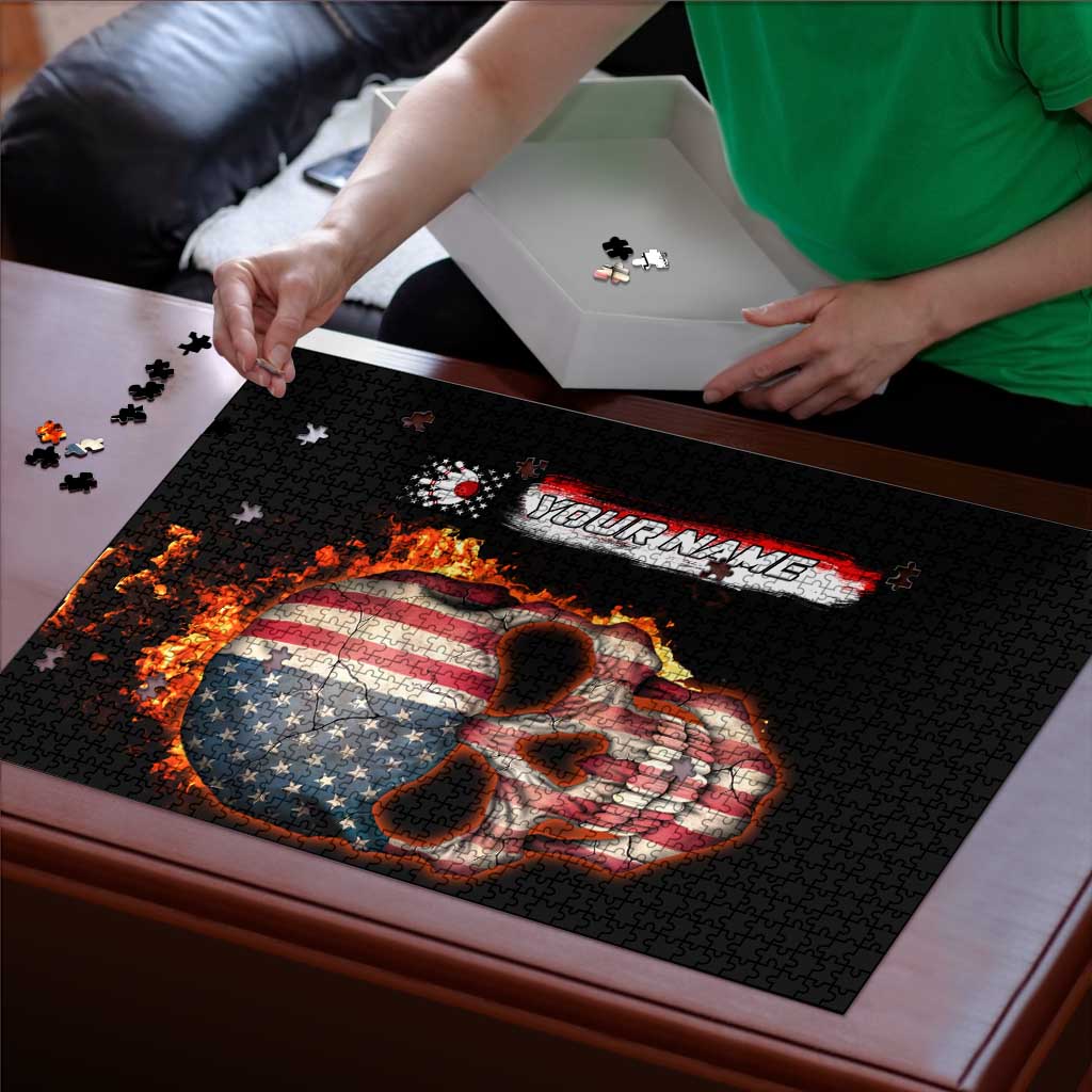 American Flag Skull Design Puzzle with Bowling Elements and Fire Background with Custom Team Name Text - Wonder Print Shop