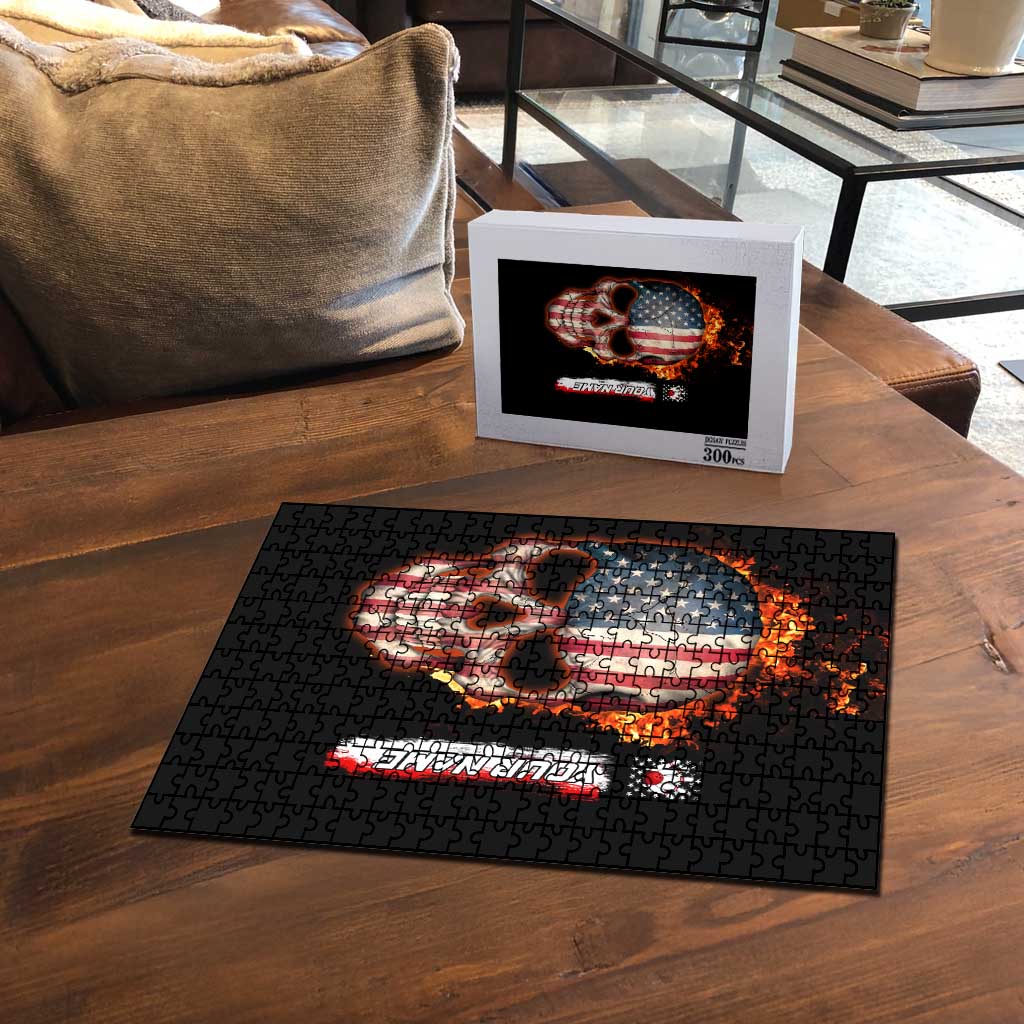 American Flag Skull Design Puzzle with Bowling Elements and Fire Background with Custom Team Name Text - Wonder Print Shop