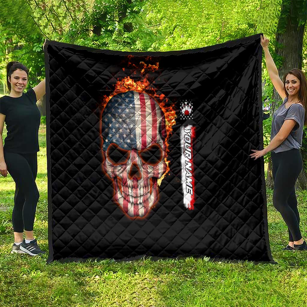 American Flag Skull Design Quilt with Bowling Elements and Fire Background with Custom Team Name Text - Wonder Print Shop