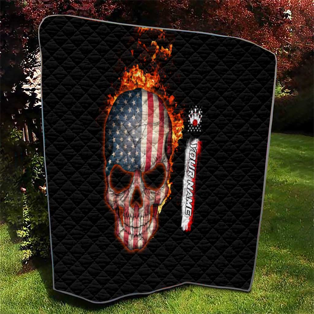 American Flag Skull Design Quilt with Bowling Elements and Fire Background with Custom Team Name Text - Wonder Print Shop