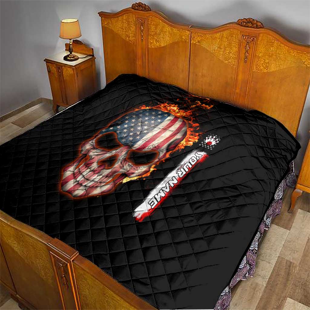 American Flag Skull Design Quilt with Bowling Elements and Fire Background with Custom Team Name Text - Wonder Print Shop