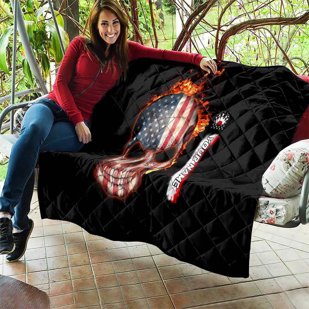 American Flag Skull Design Quilt with Bowling Elements and Fire Background with Custom Team Name Text - Wonder Print Shop