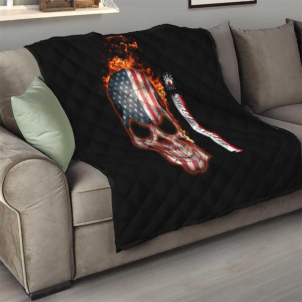 American Flag Skull Design Quilt with Bowling Elements and Fire Background with Custom Team Name Text - Wonder Print Shop