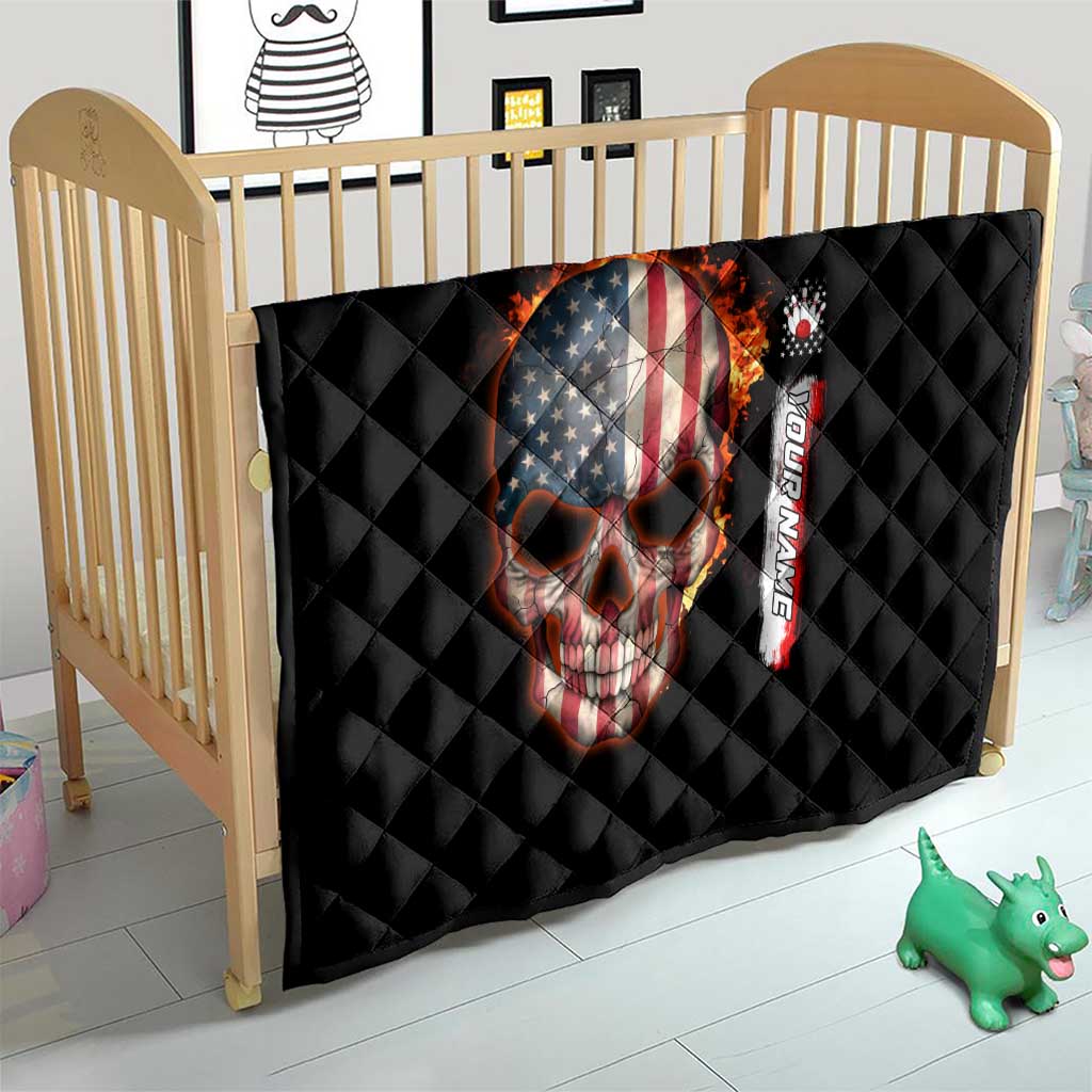 American Flag Skull Design Quilt with Bowling Elements and Fire Background with Custom Team Name Text - Wonder Print Shop