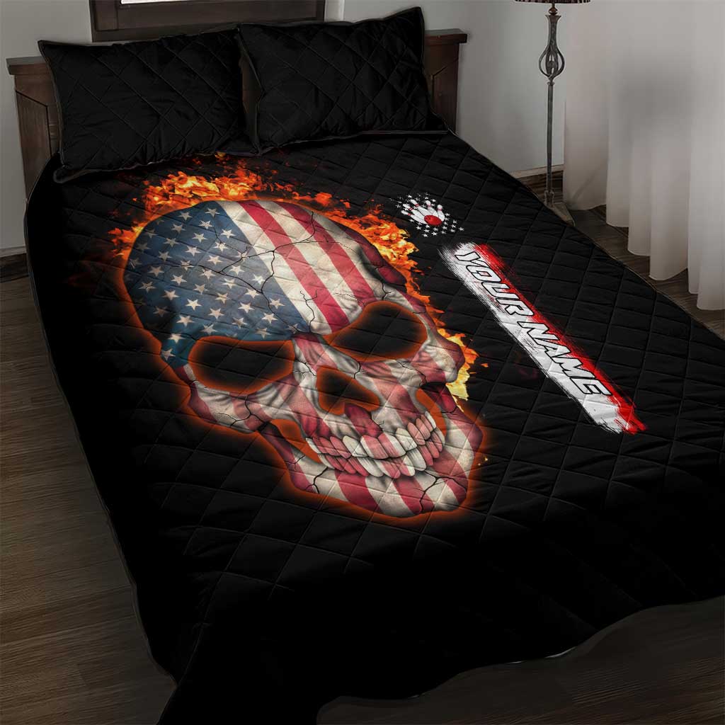 American Flag Skull Design Quilt Bed Set with Bowling Elements and Fire Background with Custom Team Name Text - Wonder Print Shop