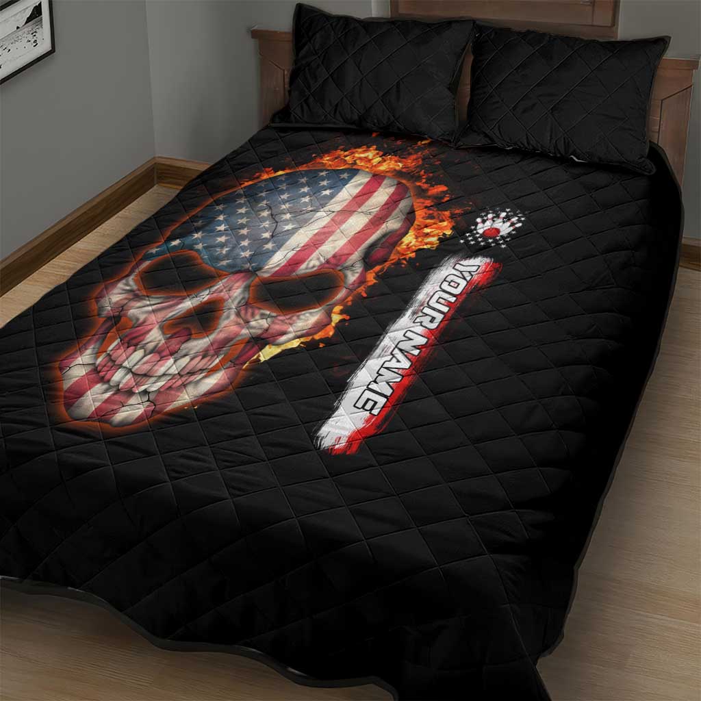American Flag Skull Design Quilt Bed Set with Bowling Elements and Fire Background with Custom Team Name Text - Wonder Print Shop