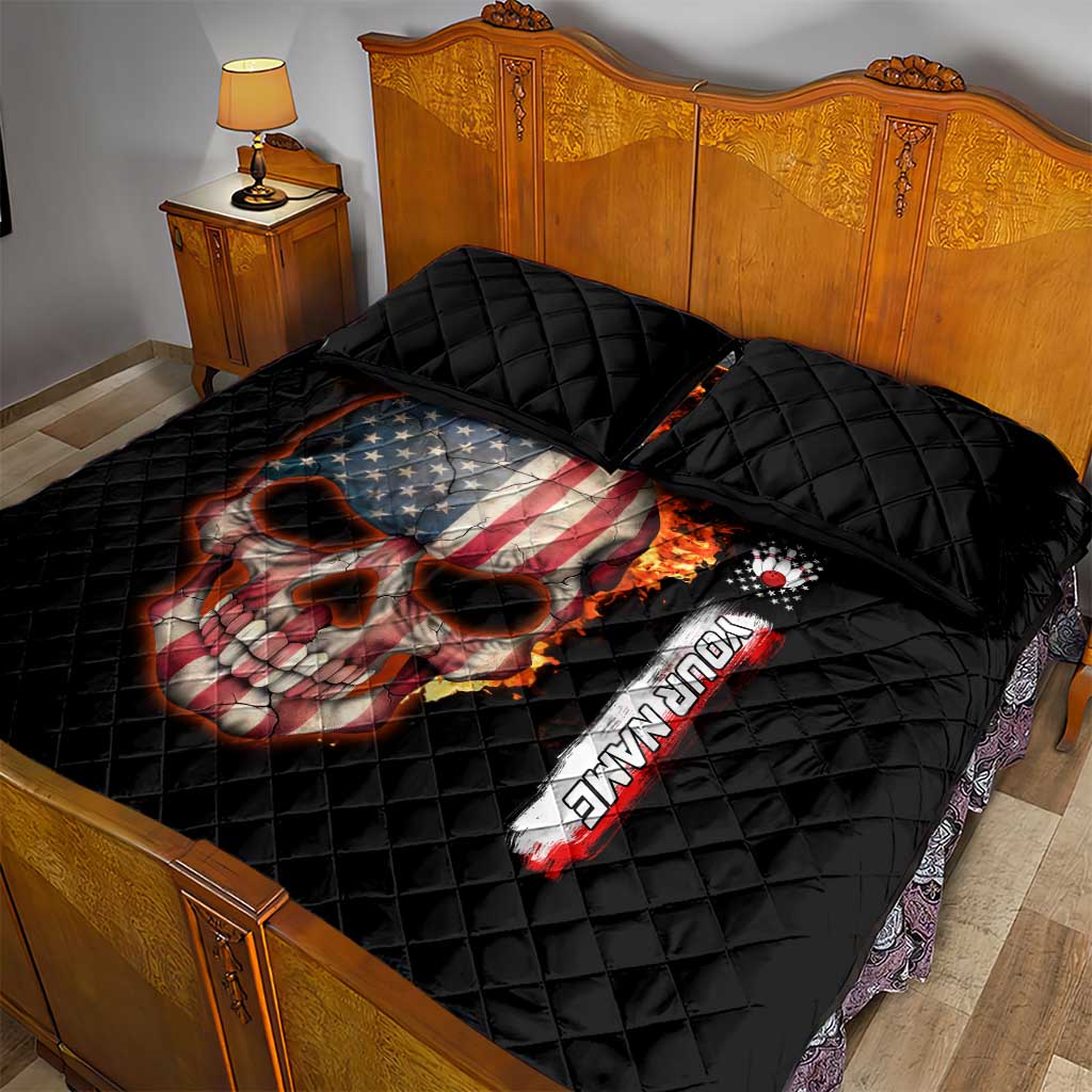 American Flag Skull Design Quilt Bed Set with Bowling Elements and Fire Background with Custom Team Name Text - Wonder Print Shop