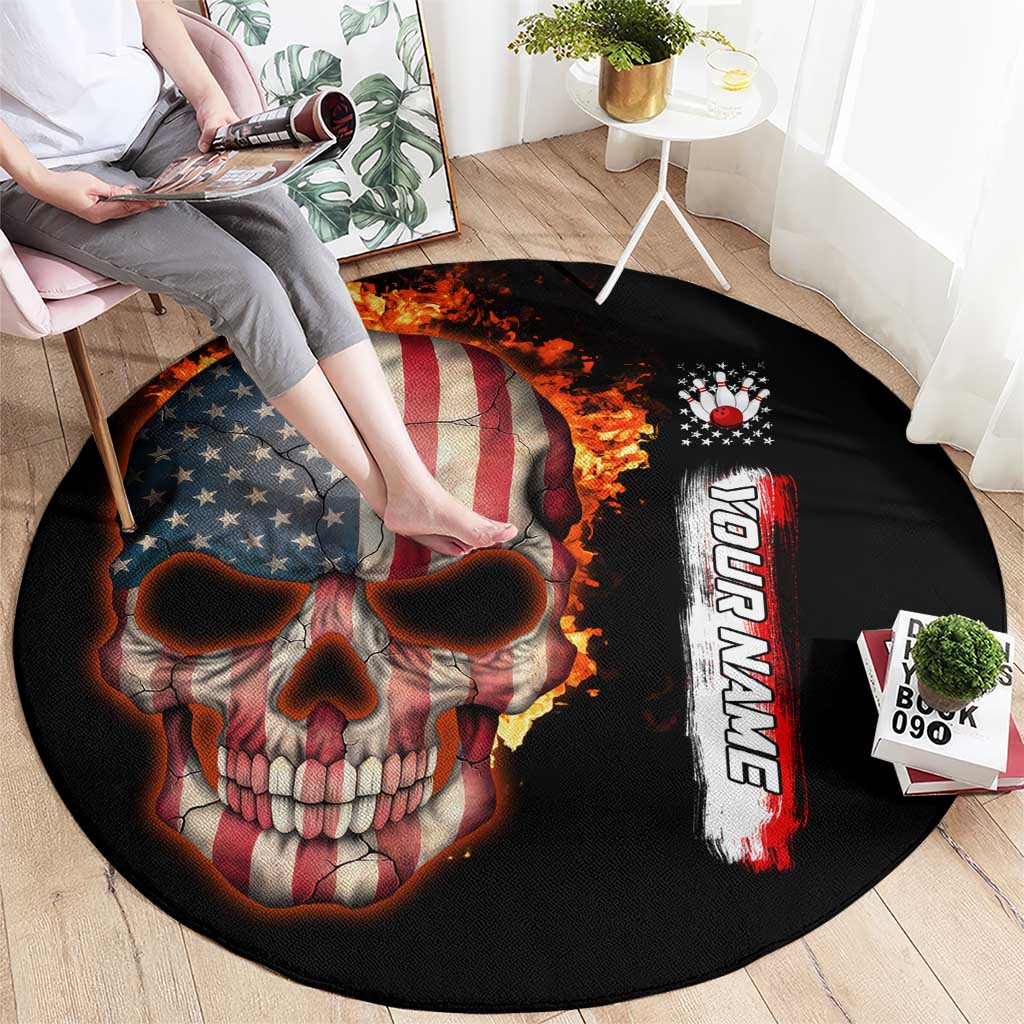 American Flag Skull Design Round Carpet with Bowling Elements and Fire Background with Custom Team Name Text - Wonder Print Shop