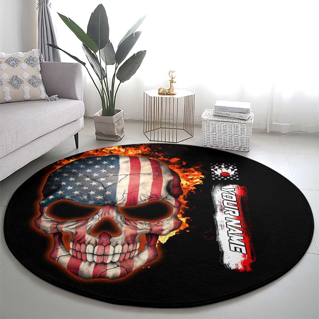 American Flag Skull Design Round Carpet with Bowling Elements and Fire Background with Custom Team Name Text - Wonder Print Shop