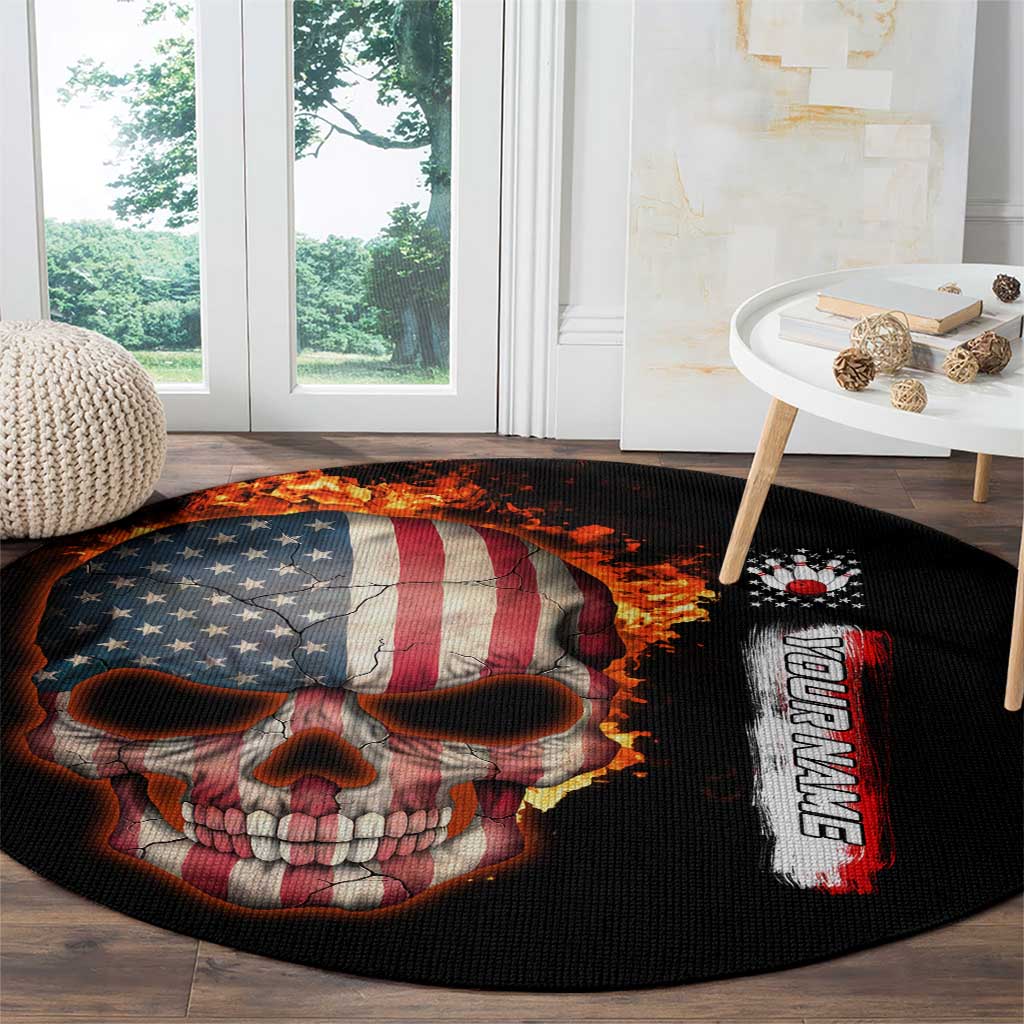 American Flag Skull Design Round Carpet with Bowling Elements and Fire Background with Custom Team Name Text - Wonder Print Shop