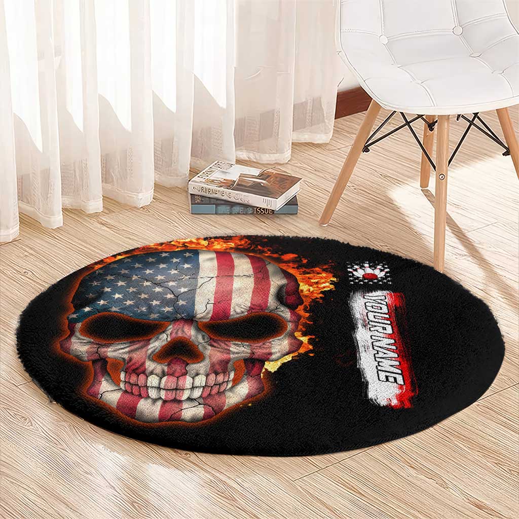 American Flag Skull Design Round Carpet with Bowling Elements and Fire Background with Custom Team Name Text - Wonder Print Shop