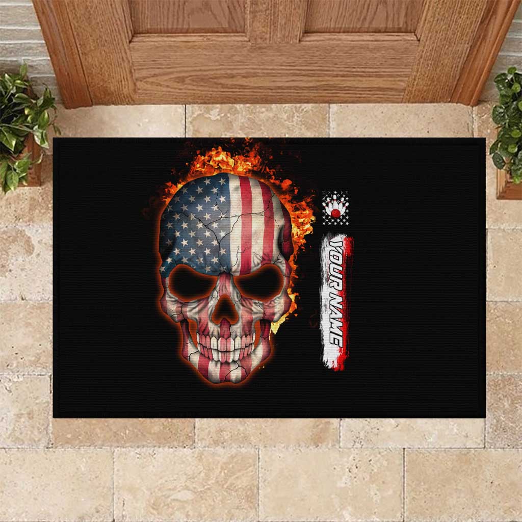 American Flag Skull Design Rubber Doormat with Bowling Elements and Fire Background with Custom Team Name Text - Wonder Print Shop