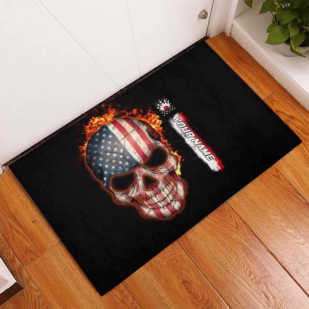 American Flag Skull Design Rubber Doormat with Bowling Elements and Fire Background with Custom Team Name Text - Wonder Print Shop