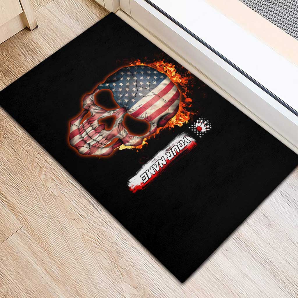 American Flag Skull Design Rubber Doormat with Bowling Elements and Fire Background with Custom Team Name Text - Wonder Print Shop