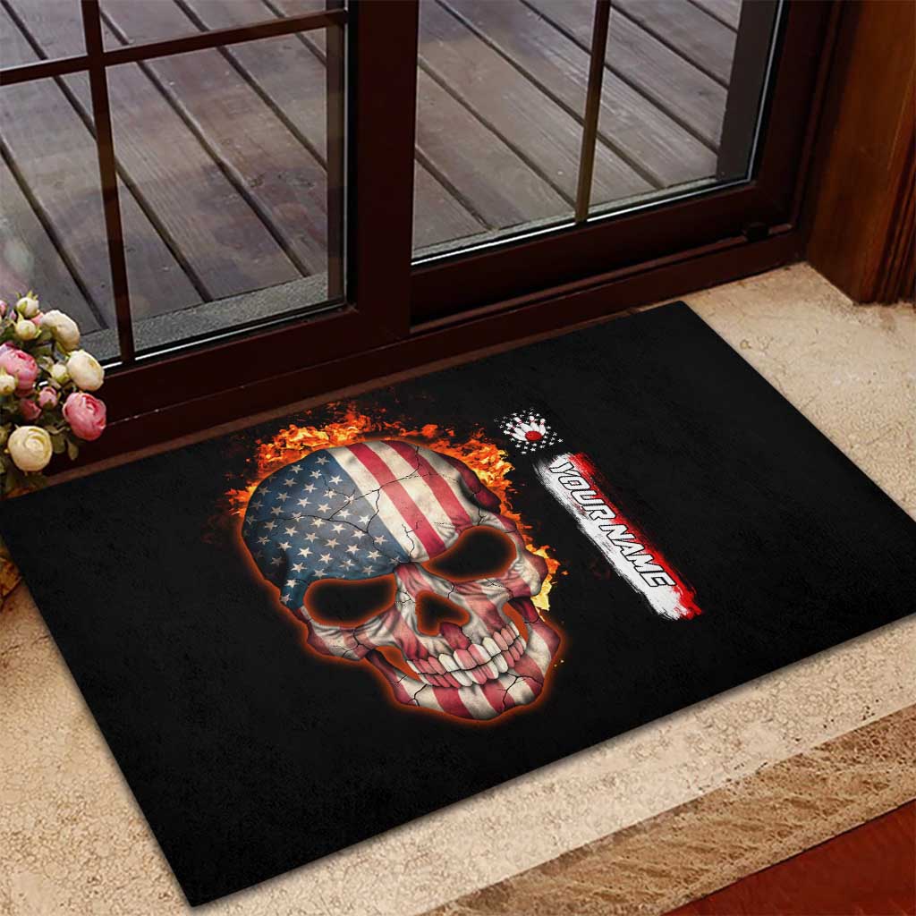 American Flag Skull Design Rubber Doormat with Bowling Elements and Fire Background with Custom Team Name Text - Wonder Print Shop
