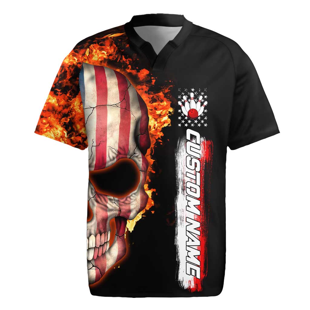 American Flag Skull Design Rugby Jersey with Bowling Elements and Fire Background with Custom Team Name Text - Wonder Print Shop