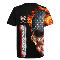 American Flag Skull Design Rugby Jersey with Bowling Elements and Fire Background with Custom Team Name Text - Wonder Print Shop