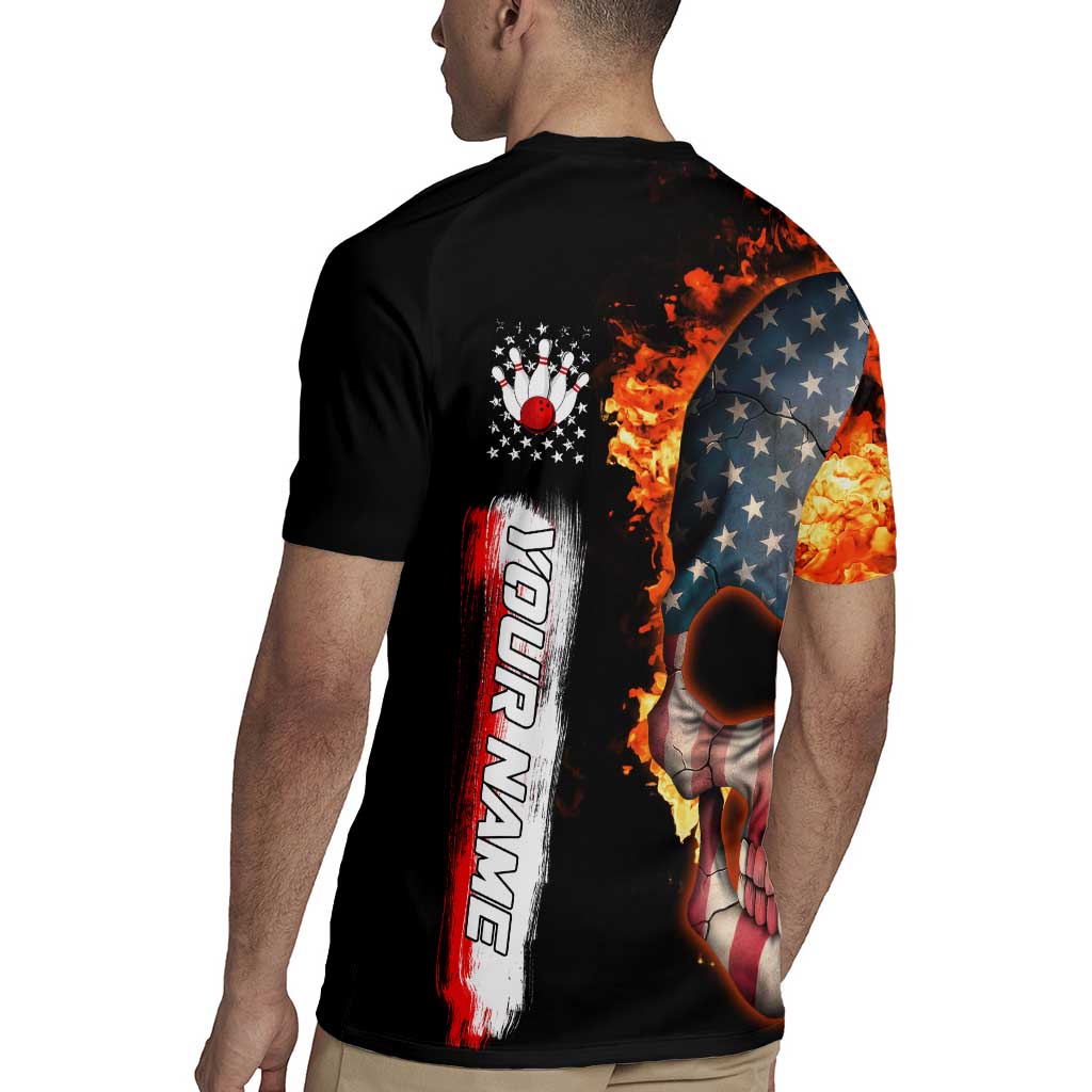 American Flag Skull Design Rugby Jersey with Bowling Elements and Fire Background with Custom Team Name Text - Wonder Print Shop