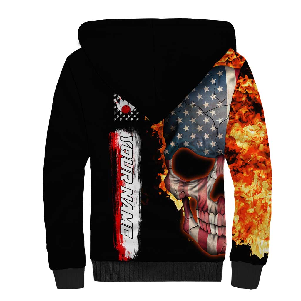 American Flag Skull Design Sherpa Hoodie with Bowling Elements and Fire Background with Custom Team Name Text - Wonder Print Shop