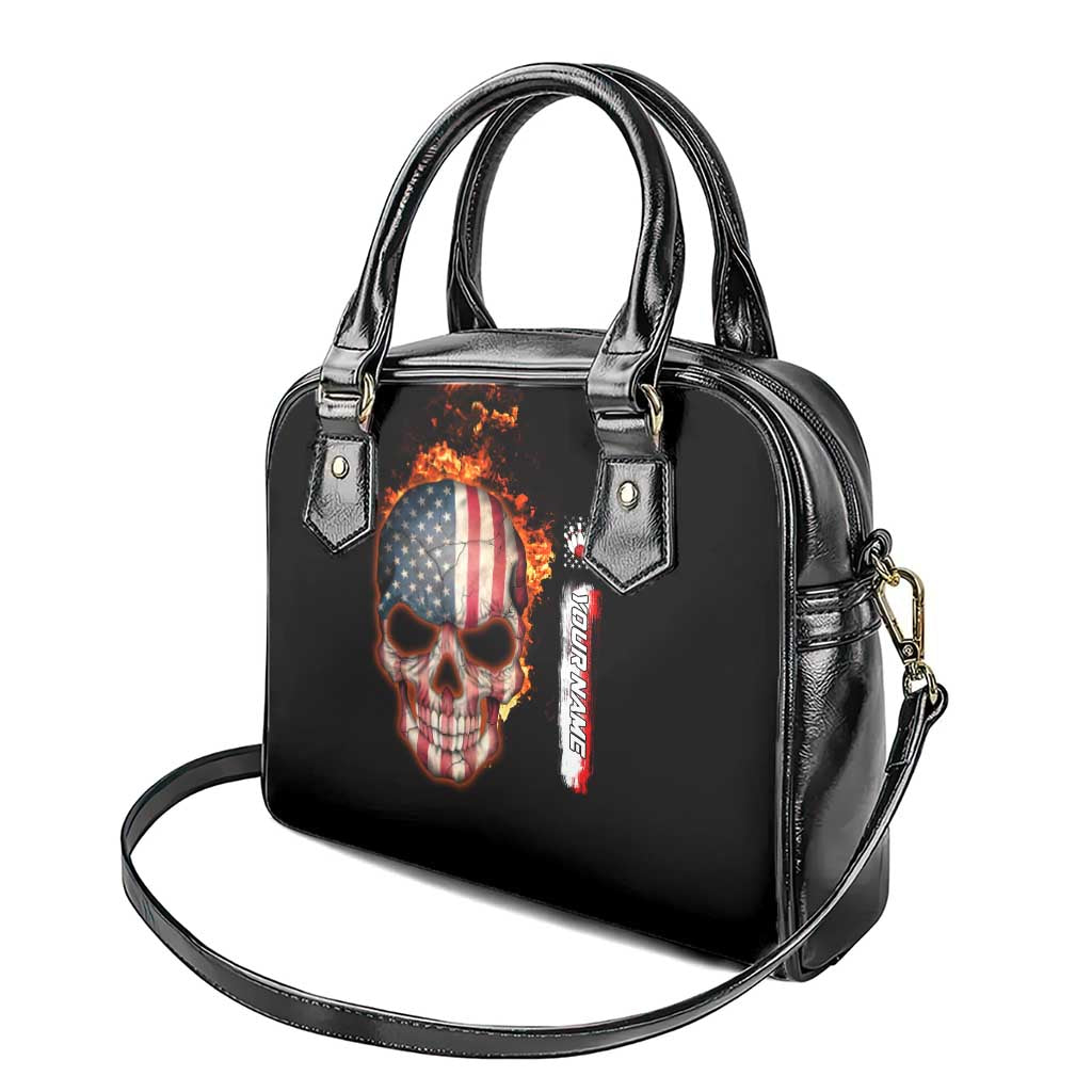 American Flag Skull Design Shoulder Handbag with Bowling Elements and Fire Background with Custom Team Name Text - Wonder Print Shop