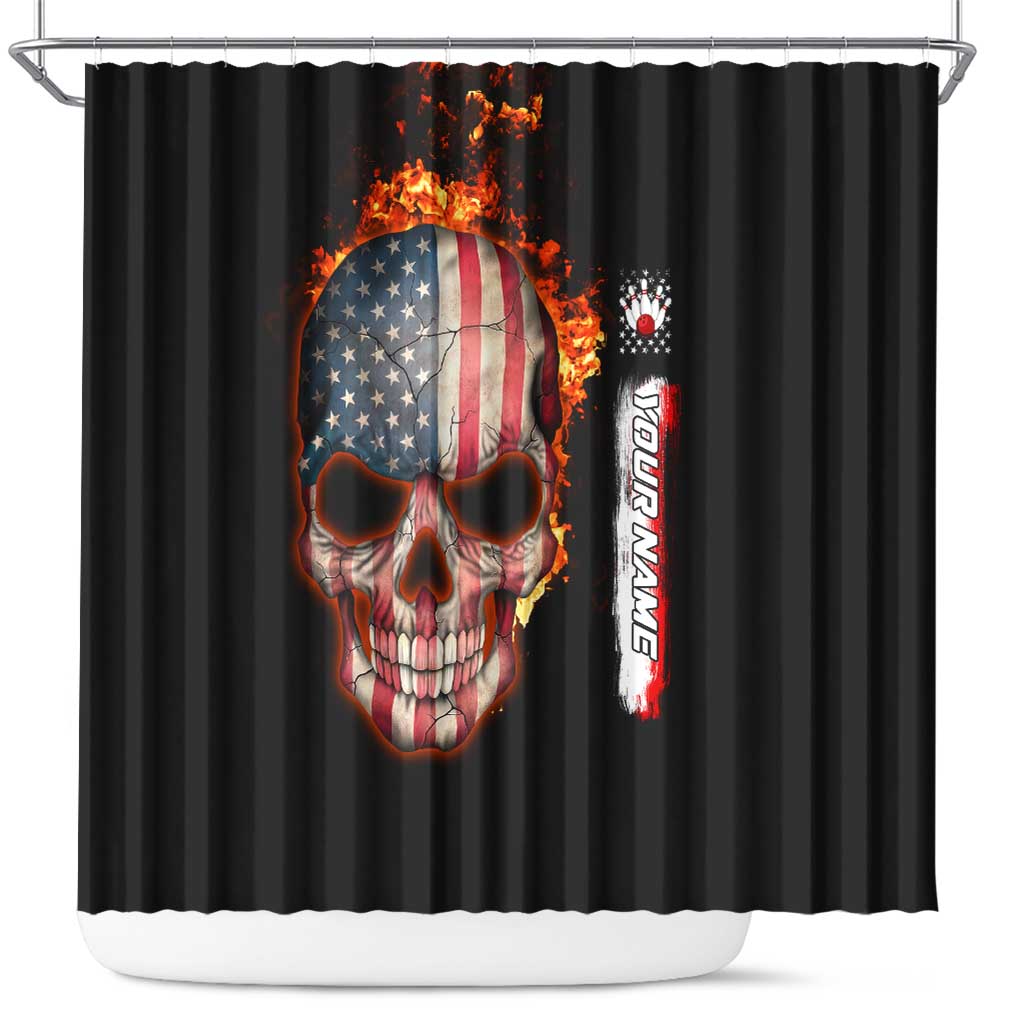 American Flag Skull Design Shower Curtain with Bowling Elements and Fire Background with Custom Team Name Text - Wonder Print Shop