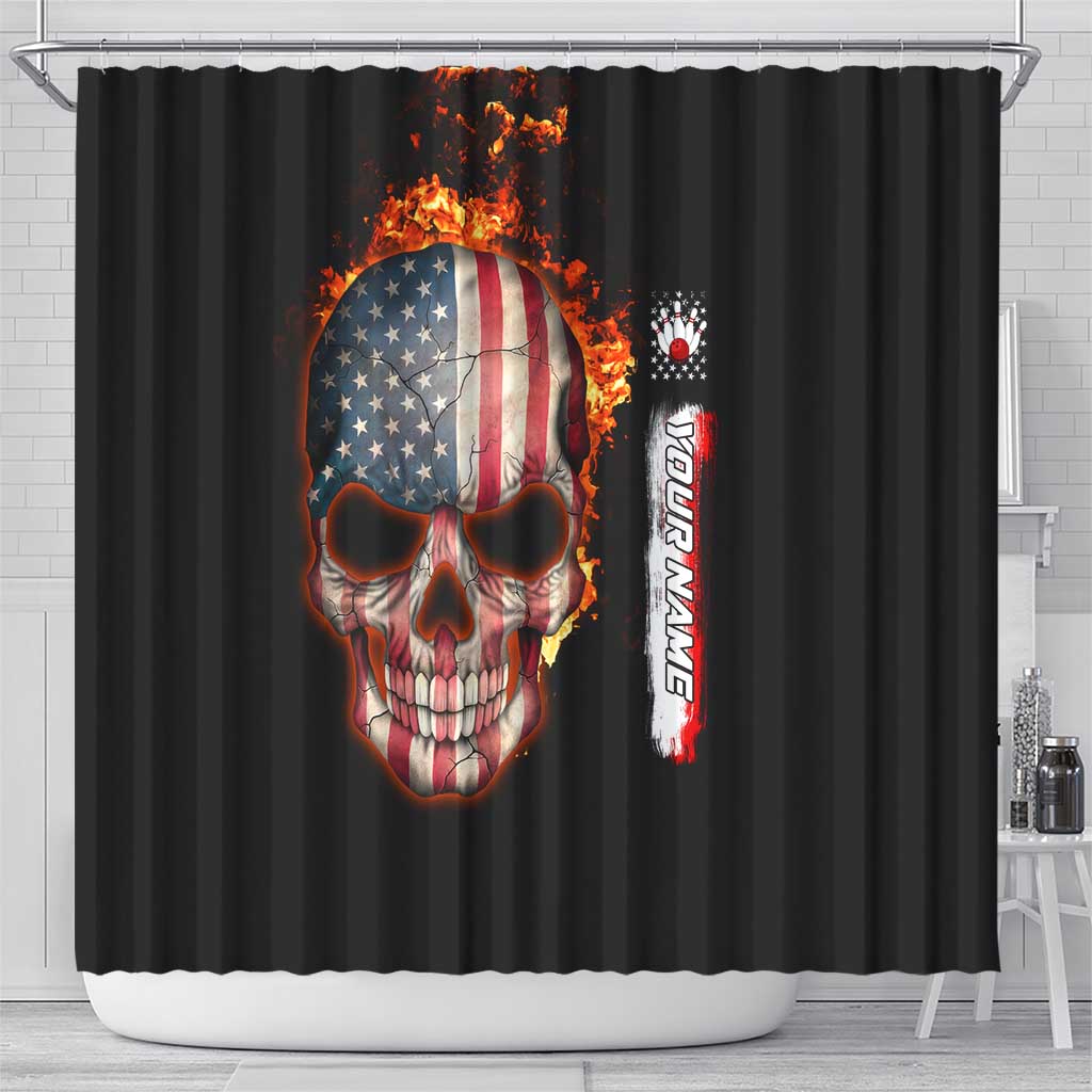 American Flag Skull Design Shower Curtain with Bowling Elements and Fire Background with Custom Team Name Text - Wonder Print Shop