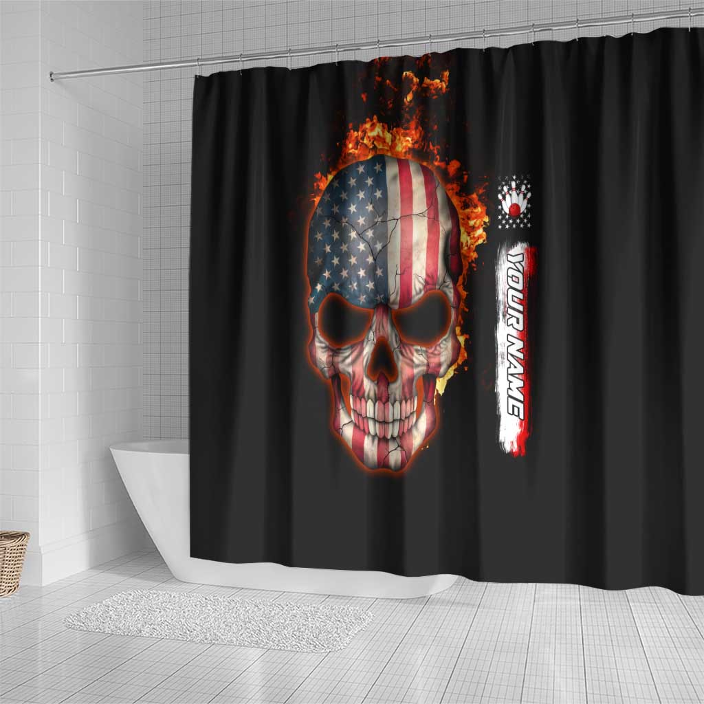 American Flag Skull Design Shower Curtain with Bowling Elements and Fire Background with Custom Team Name Text - Wonder Print Shop