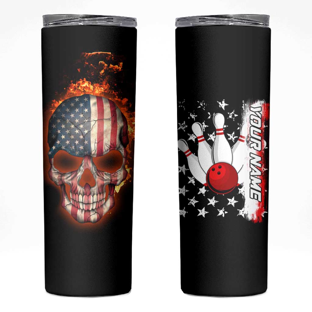American Flag Skull Design Skinny Tumbler with Bowling Elements and Fire Background with Custom Team Name Text - Wonder Print Shop