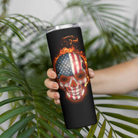 American Flag Skull Design Skinny Tumbler with Bowling Elements and Fire Background with Custom Team Name Text - Wonder Print Shop