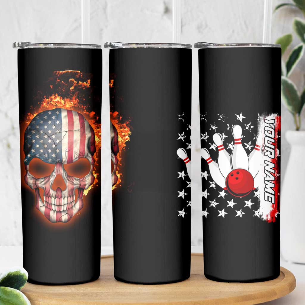 American Flag Skull Design Skinny Tumbler with Bowling Elements and Fire Background with Custom Team Name Text - Wonder Print Shop