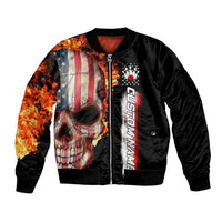 American Flag Skull Design Sleeve Zip Bomber Jacket with Bowling Elements and Fire Background with Custom Team Name Text - Wonder Print Shop