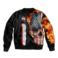American Flag Skull Design Sleeve Zip Bomber Jacket with Bowling Elements and Fire Background with Custom Team Name Text - Wonder Print Shop