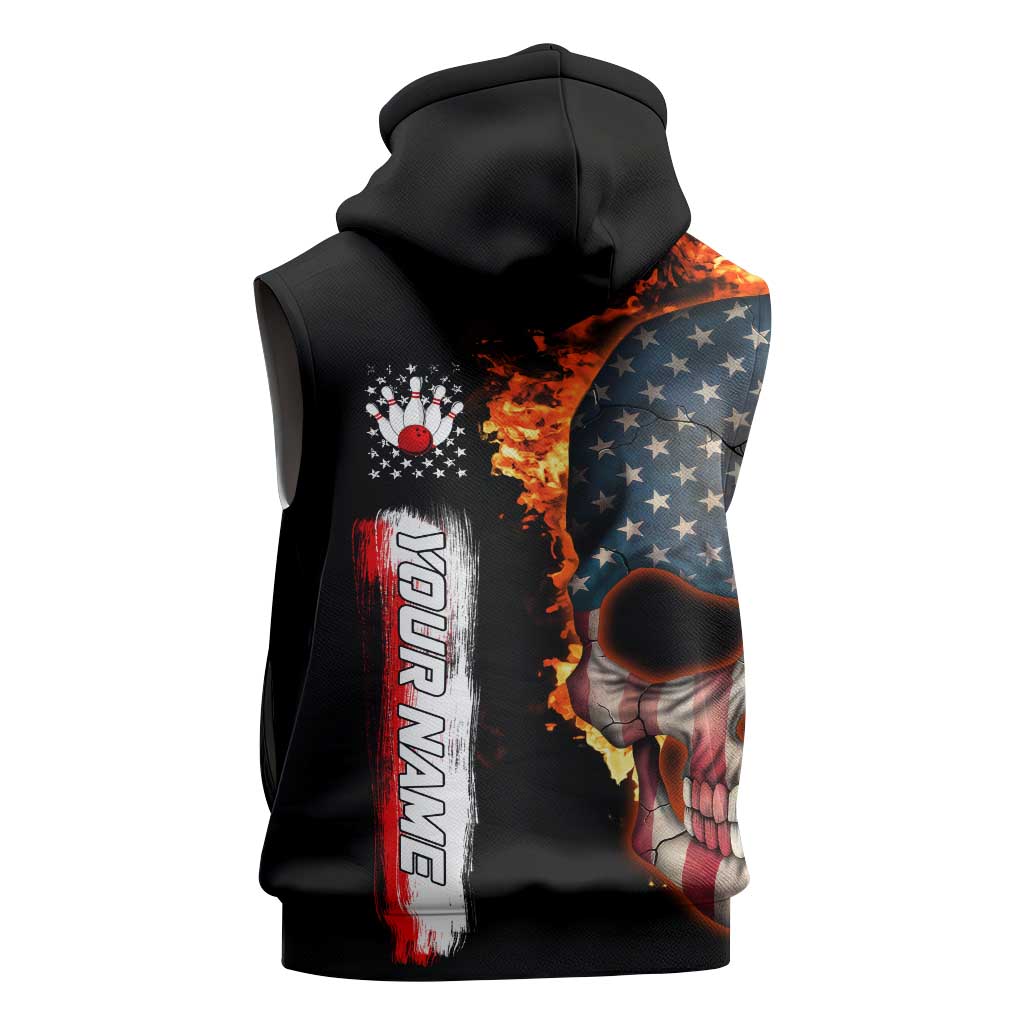 American Flag Skull Design Sleeveless Hoodie with Bowling Elements and Fire Background with Custom Team Name Text - Wonder Print Shop