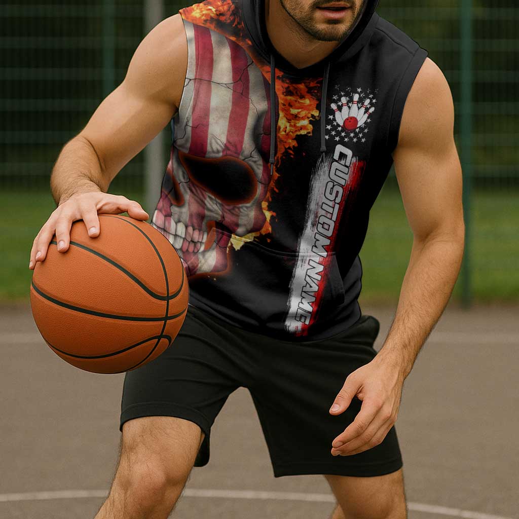 American Flag Skull Design Sleeveless Hoodie with Bowling Elements and Fire Background with Custom Team Name Text - Wonder Print Shop