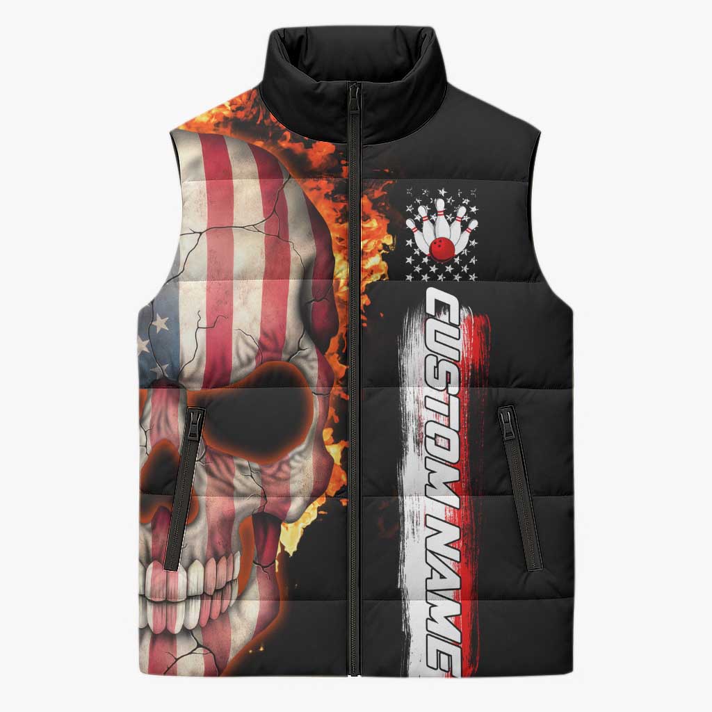 American Flag Skull Design Sleeveless Puffer Jacket with Bowling Elements and Fire Background with Custom Team Name Text - Wonder Print Shop