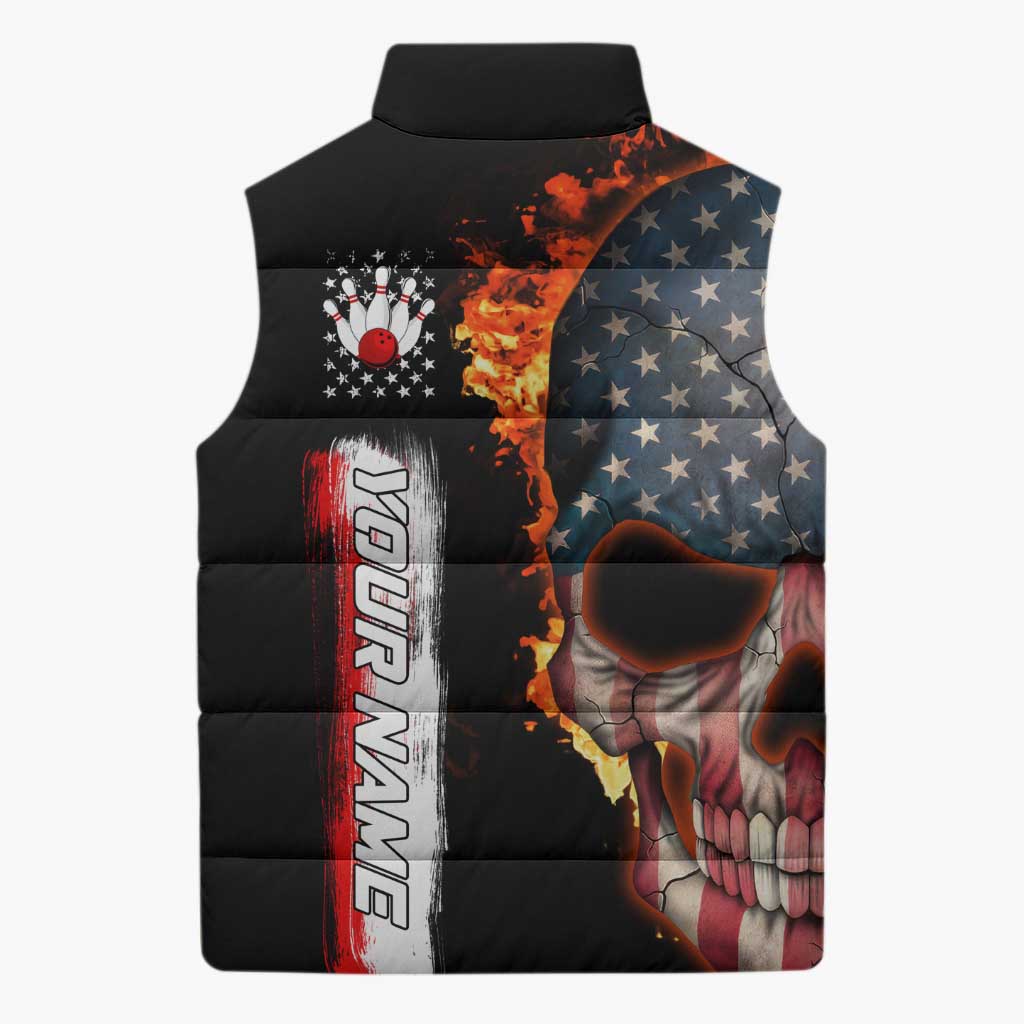 American Flag Skull Design Sleeveless Puffer Jacket with Bowling Elements and Fire Background with Custom Team Name Text - Wonder Print Shop