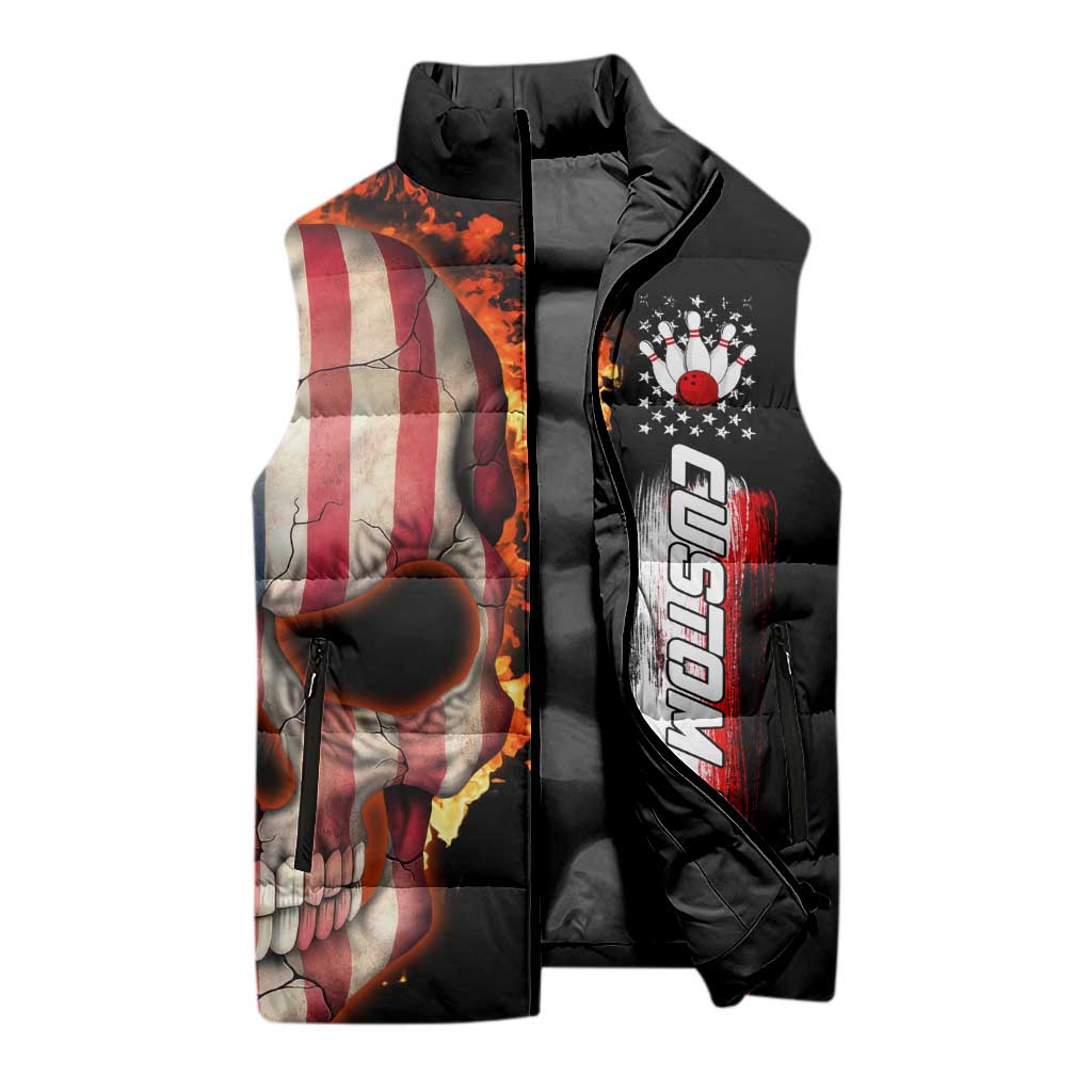 American Flag Skull Design Sleeveless Puffer Jacket with Bowling Elements and Fire Background with Custom Team Name Text - Wonder Print Shop