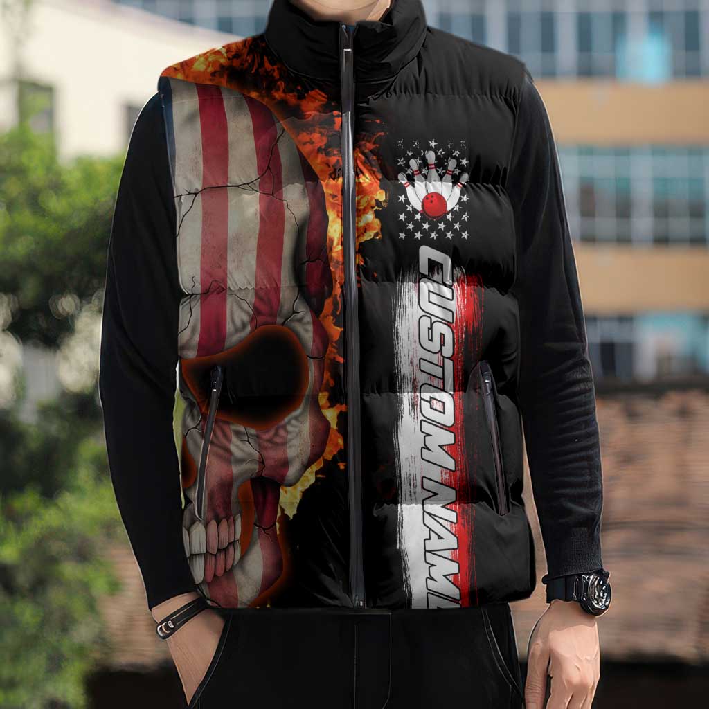 American Flag Skull Design Sleeveless Puffer Jacket with Bowling Elements and Fire Background with Custom Team Name Text - Wonder Print Shop