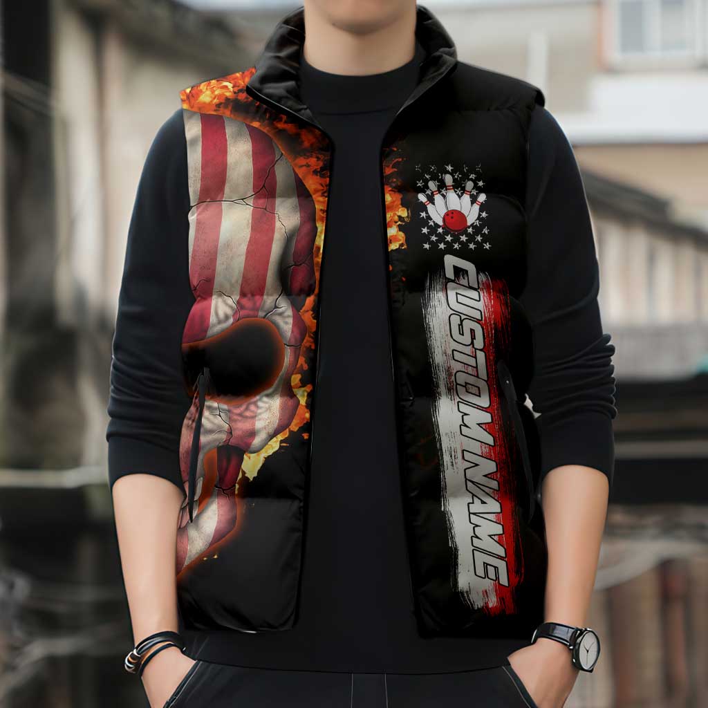 American Flag Skull Design Sleeveless Puffer Jacket with Bowling Elements and Fire Background with Custom Team Name Text - Wonder Print Shop