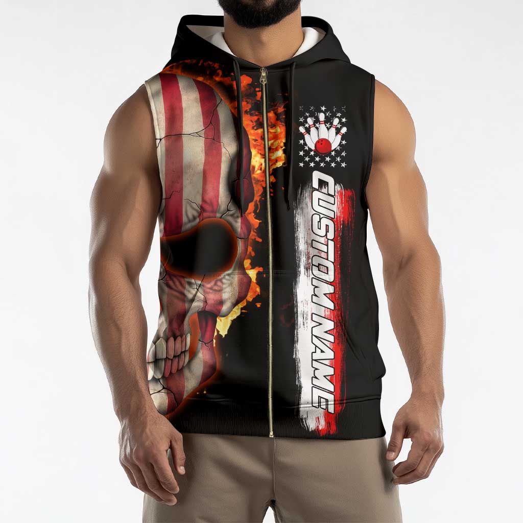 American Flag Skull Design Sleeveless Zip Hoodie with Bowling Elements and Fire Background with Custom Team Name Text - Wonder Print Shop