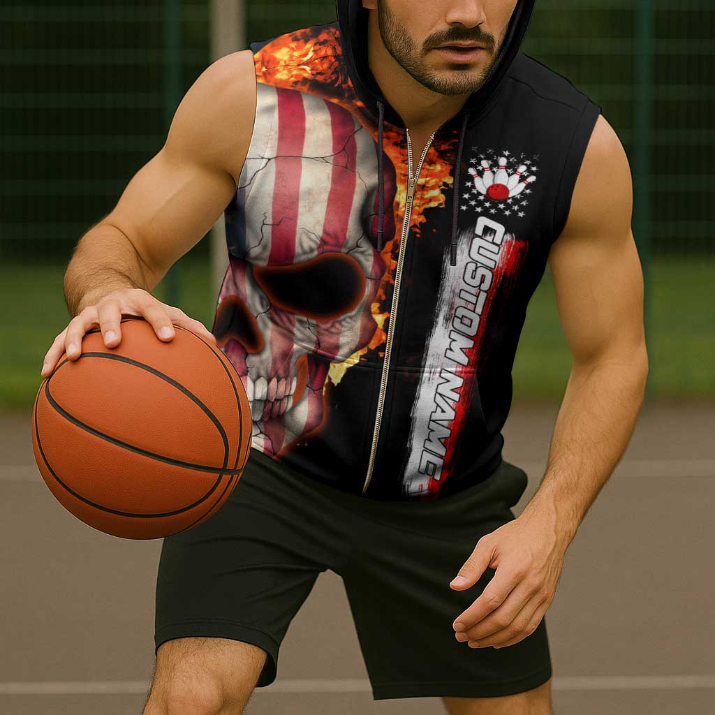 American Flag Skull Design Sleeveless Zip Hoodie with Bowling Elements and Fire Background with Custom Team Name Text - Wonder Print Shop