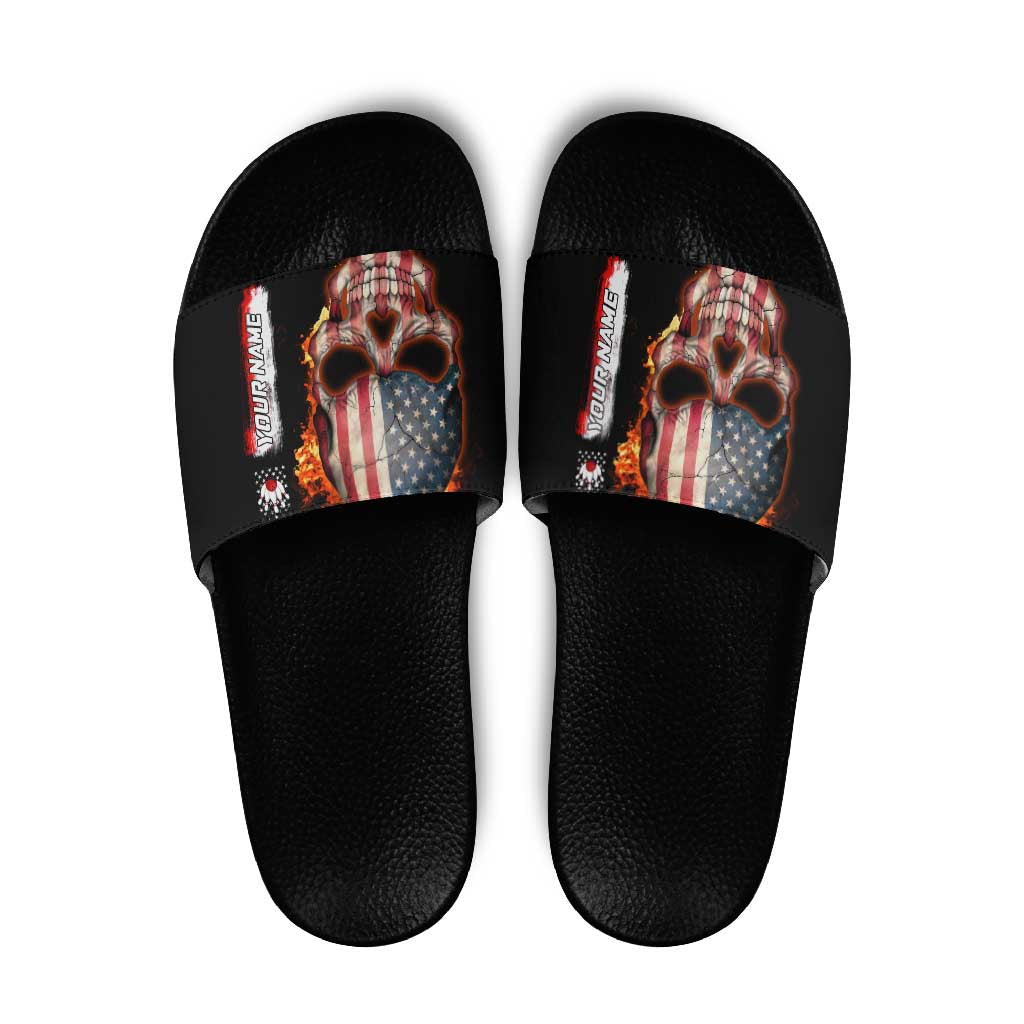 American Flag Skull Design Slide Sandals with Bowling Elements and Fire Background with Custom Team Name Text - Wonder Print Shop