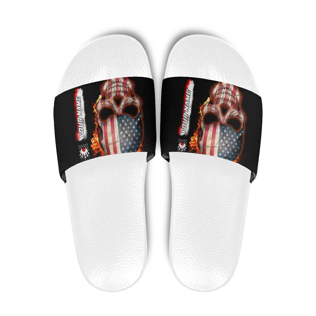 American Flag Skull Design Slide Sandals with Bowling Elements and Fire Background with Custom Team Name Text - Wonder Print Shop