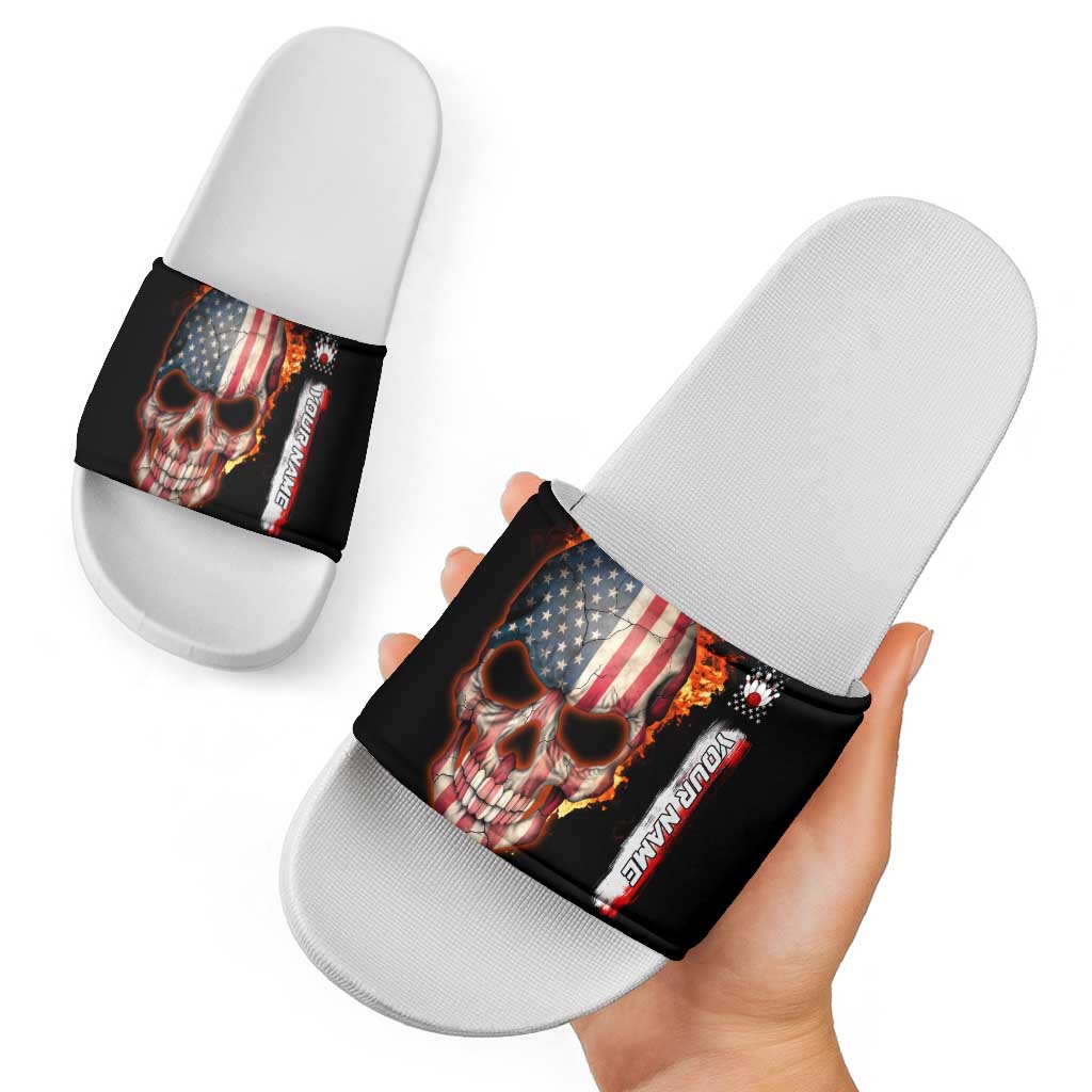 American Flag Skull Design Slide Sandals with Bowling Elements and Fire Background with Custom Team Name Text - Wonder Print Shop