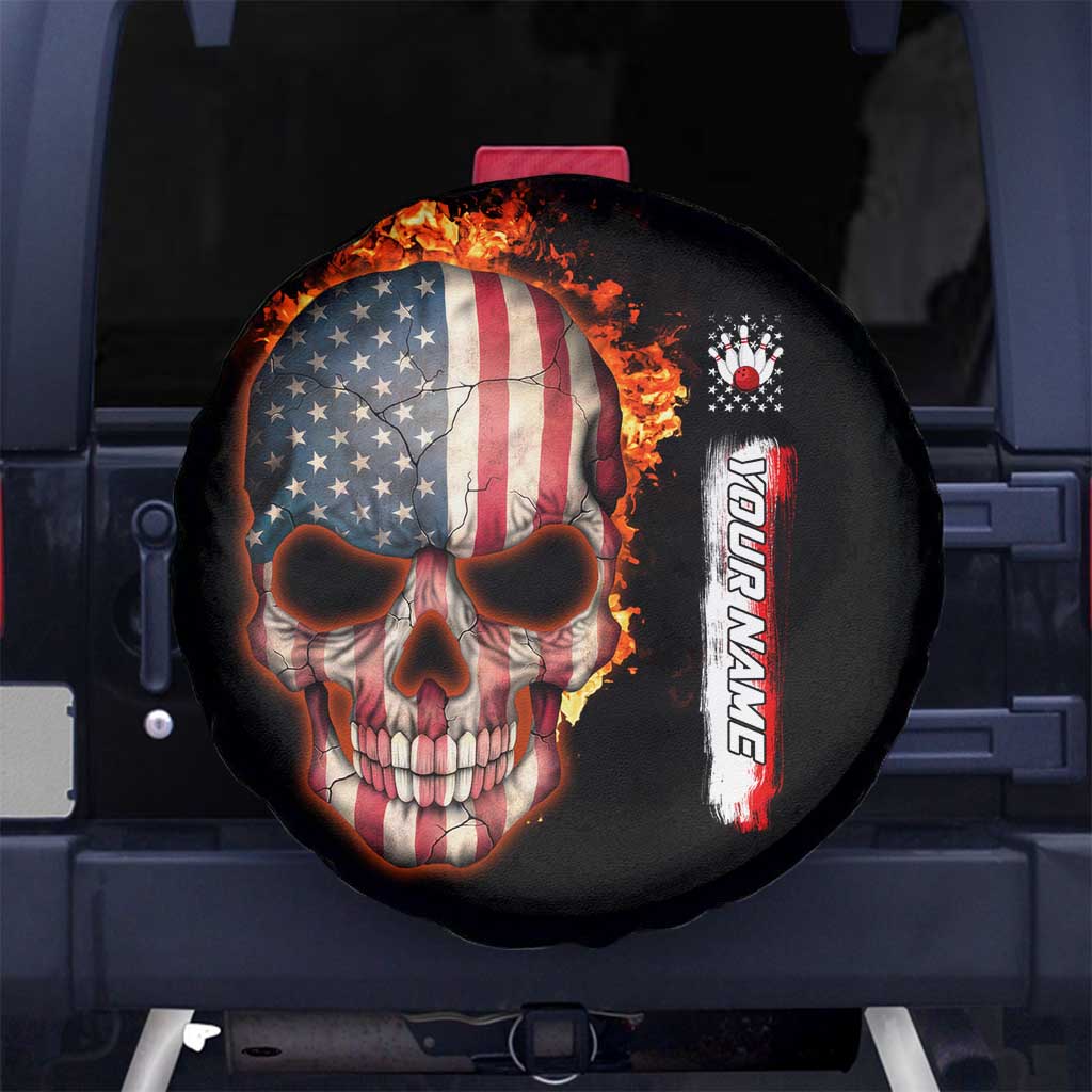 American Flag Skull Design Spare Tire Cover with Bowling Elements and Fire Background with Custom Team Name Text - Wonder Print Shop